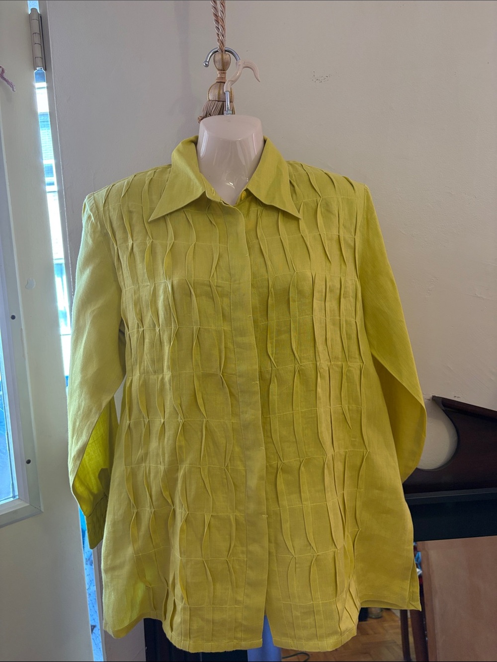Pleated Detail Lime Green Women's Button-Front Blouse